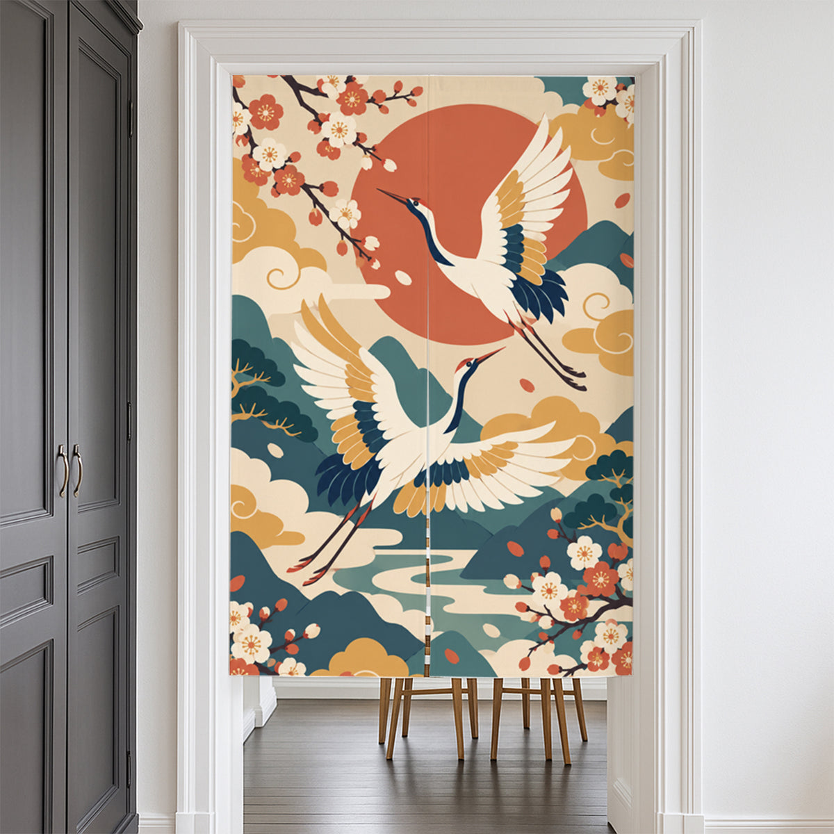 Feblilac Japanese Crane Blossom door curtain at a modern living room doorway