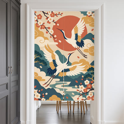 Feblilac Japanese Crane Blossom door curtain at a modern living room doorway