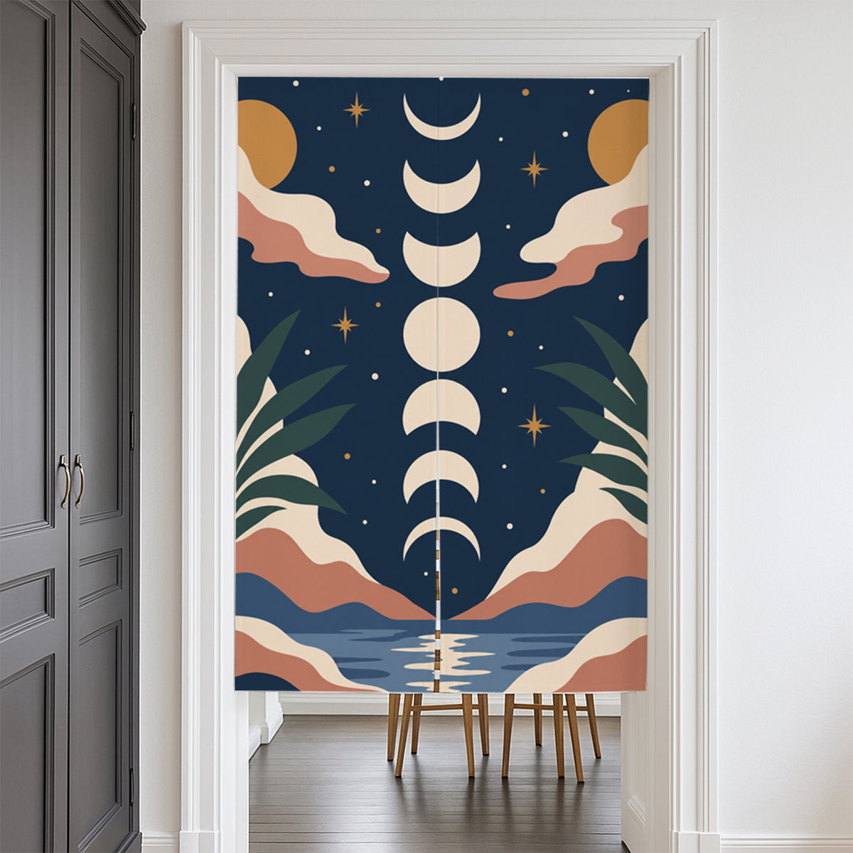 Feblilac Moon Phases door curtain at a modern living room doorway