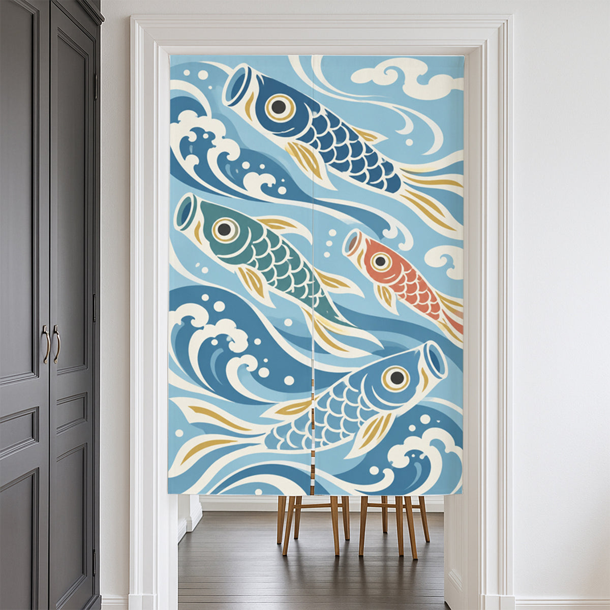 Feblilac Koinobori Carp Streamers door curtain at a modern living room doorway