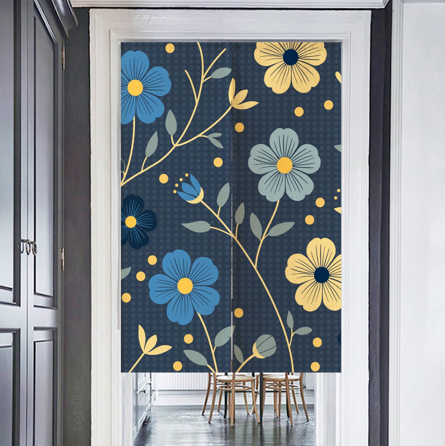 Feblilac Japanese Blue and Gold Flowers Door Curtain