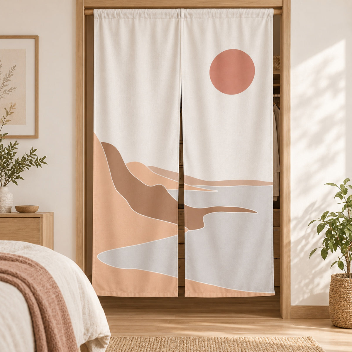 Feblilac Soft Red River door curtain at a modern living room doorway