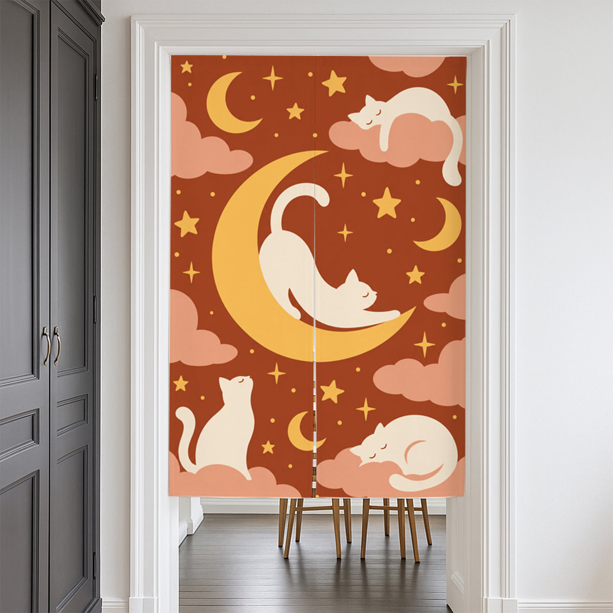 Feblilac White Cat and Moon door curtain at a modern living room doorway