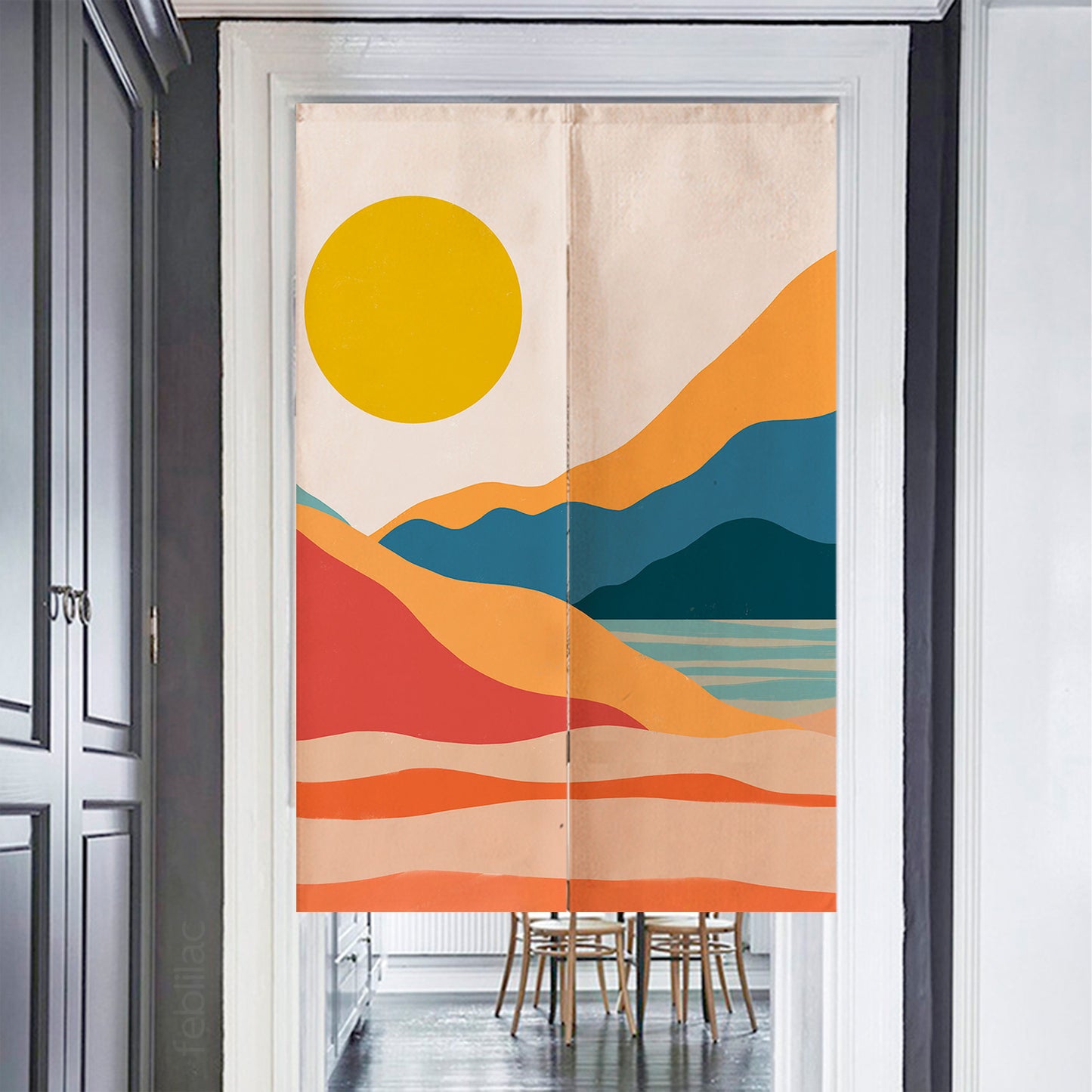 Feblilac Red Orange Blue Lake Sunset Door Curtain