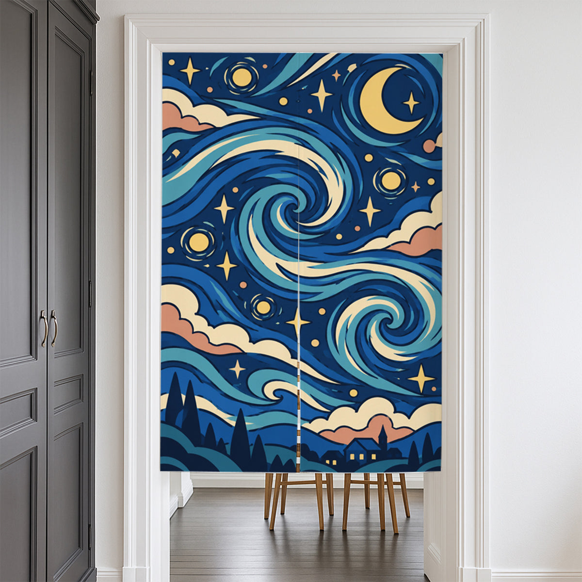 Feblilac Van Gogh Starry Night door curtain at a modern living room doorway