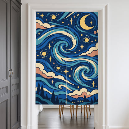Feblilac Van Gogh Starry Night door curtain at a modern living room doorway