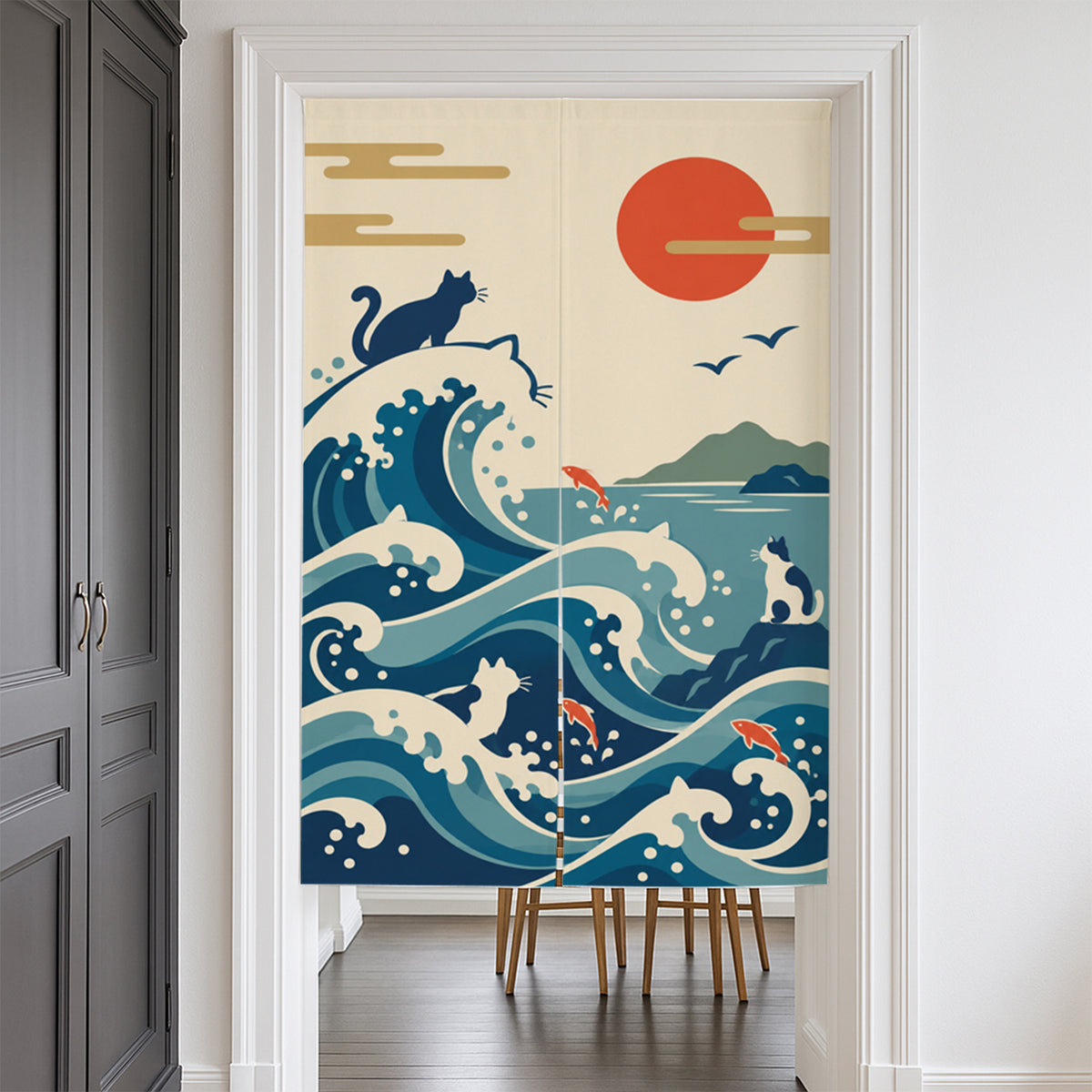Feblilac Japanese Cat and Waves door curtain at a modern living room doorway