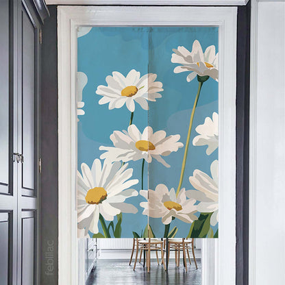 Feblilac Blue Sky Daisies door curtain at a modern living room doorway