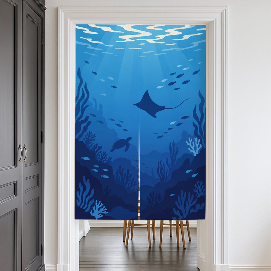 Feblilac Deep Sea Whale door curtain at a modern living room doorway