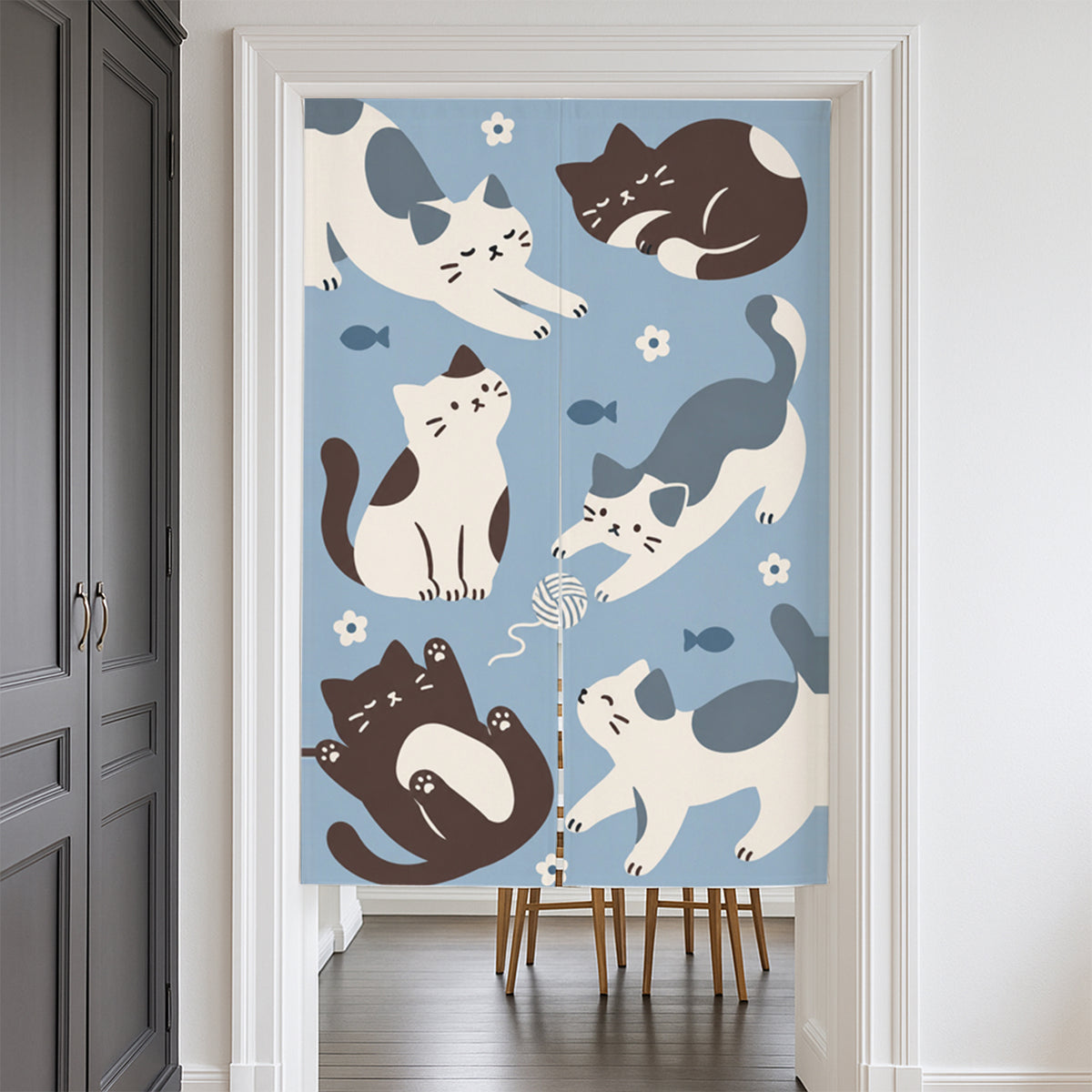 Feblilac Six Cats door curtain at a modern living room doorway