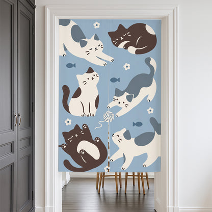 Feblilac Six Cats door curtain at a modern living room doorway