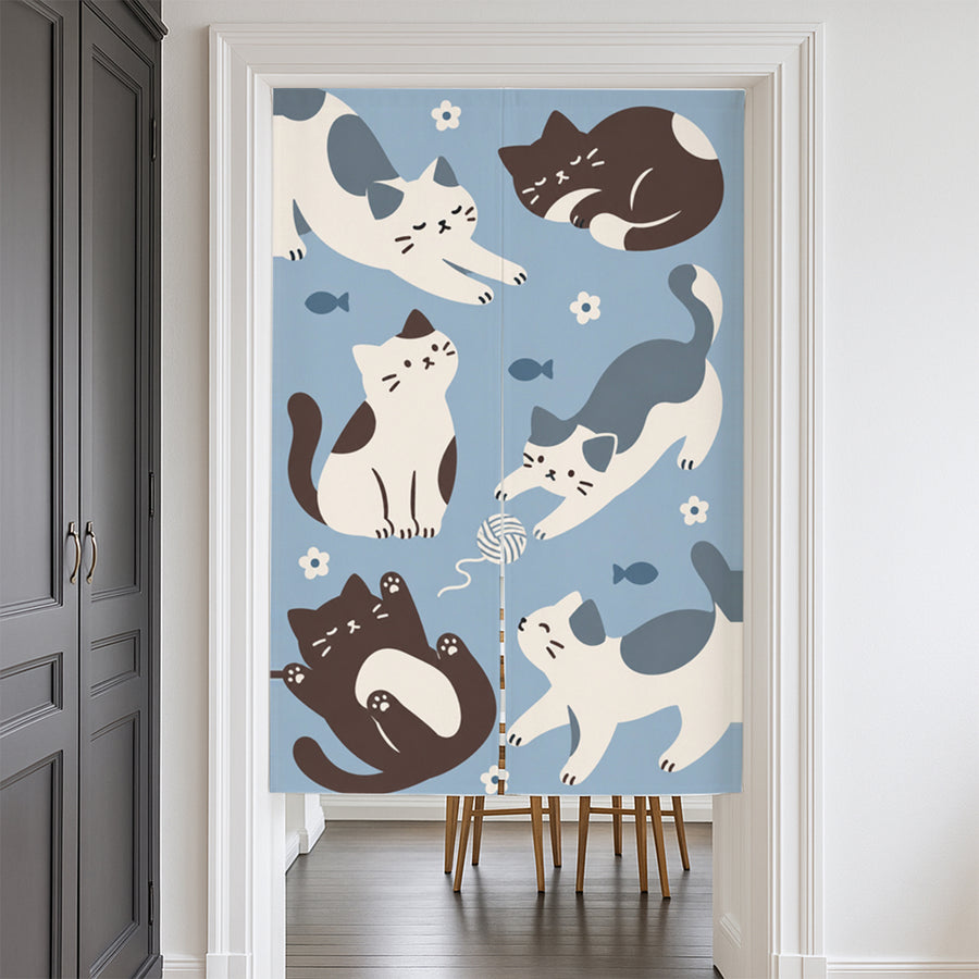 Feblilac Six Cats door curtain at a modern living room doorway
