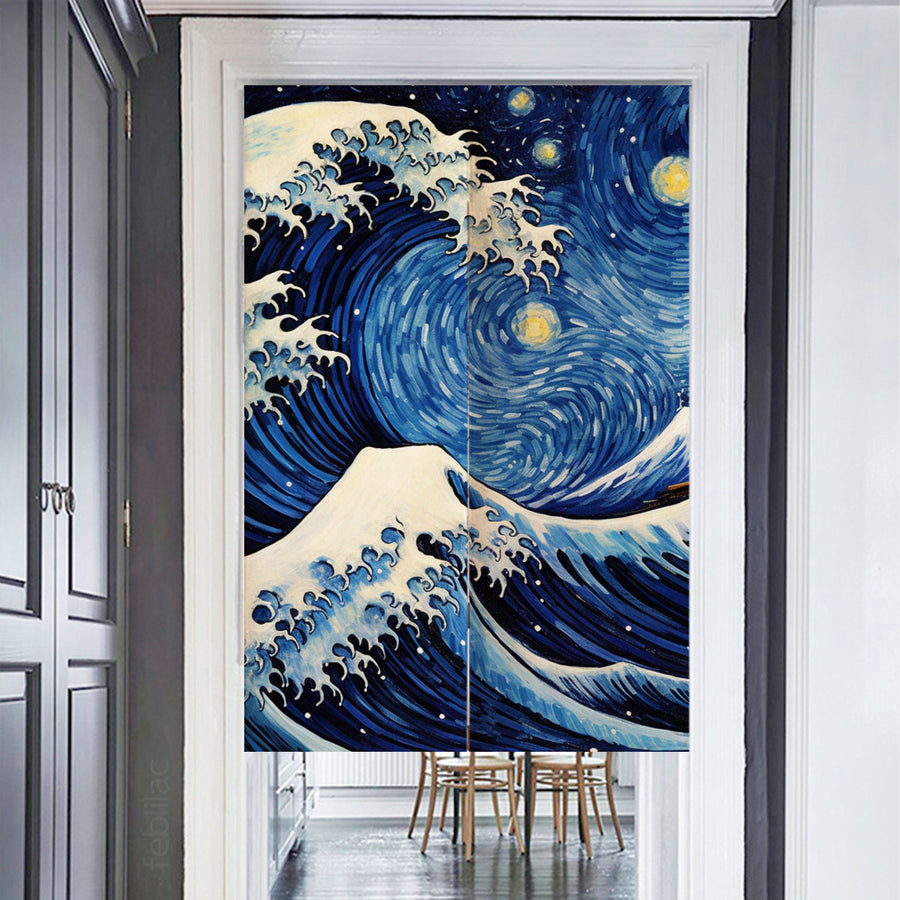 Feblilac Ukiyoe Sea Waves Starry Sky Door Curtain - view 2