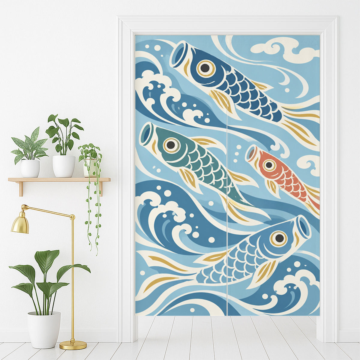 Feblilac Koinobori Carp Streamers door curtain in front of a washroom door