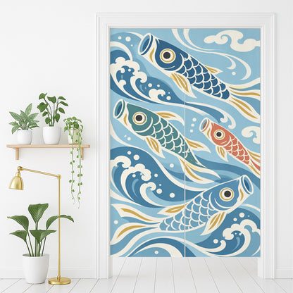 Feblilac Koinobori Carp Streamers door curtain in front of a washroom door