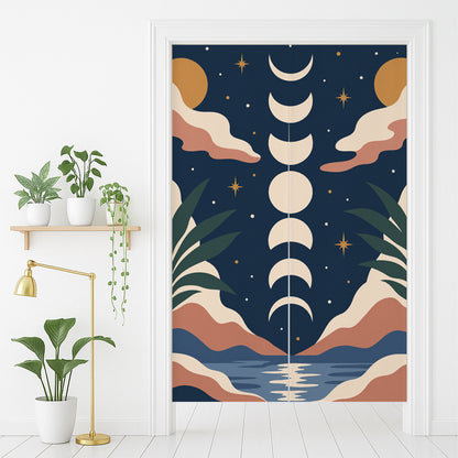 Feblilac Moon Phases door curtain in front of a washroom door