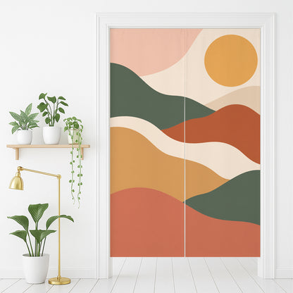 Feblilac Desert Curves door curtain in front of a washroom door