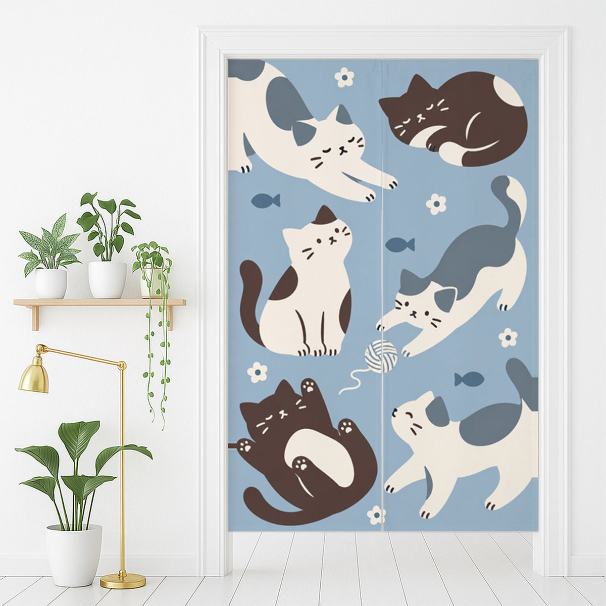 Feblilac Six Cats door curtain in front of a washroom door