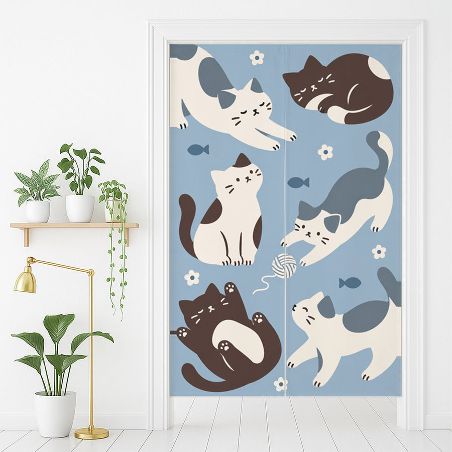 Feblilac Six Cats door curtain in front of a washroom door