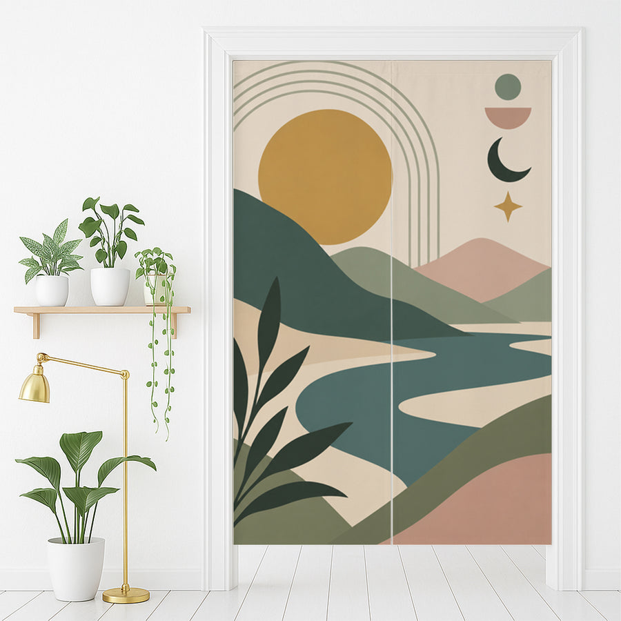 Feblilac Sun Moon Mountain Stream door curtain in front of a washroom door
