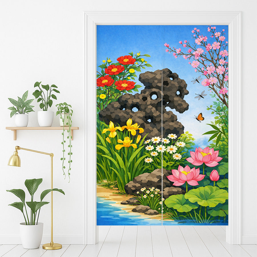 Feblilac Floral Garden Doorway Curtain, Japanese Style Noren Curtain - view 3