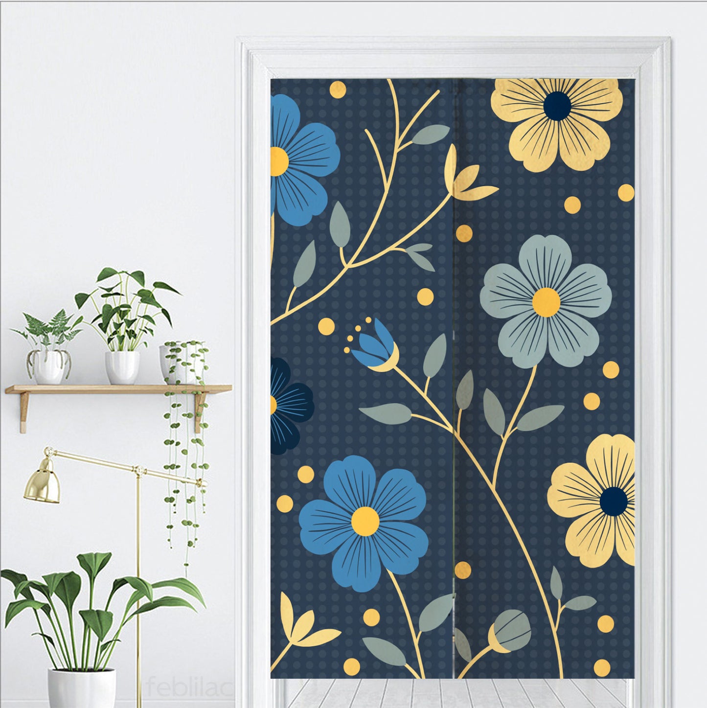 Feblilac Japanese Blue and Gold Flowers Door Curtain