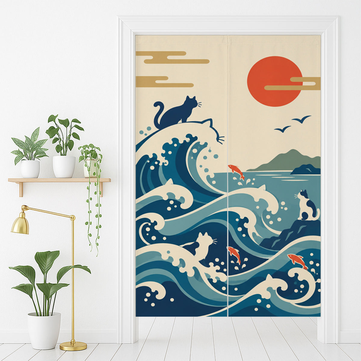 Feblilac Japanese Cat and Waves door curtain in front of a washroom door