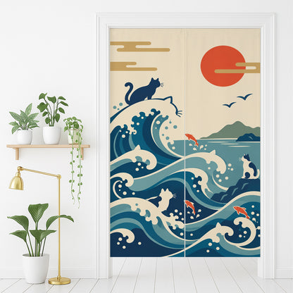 Feblilac Japanese Cat and Waves door curtain in front of a washroom door