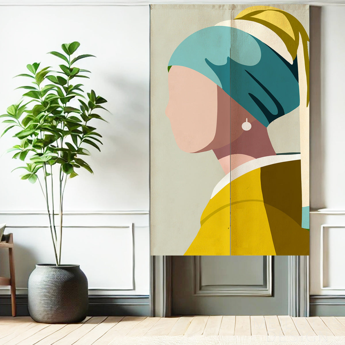Feblilac Girl with a Pearl Earring door curtain in front of a washroom door