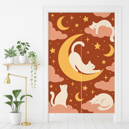 Feblilac White Cat and Moon door curtain in front of a washroom door