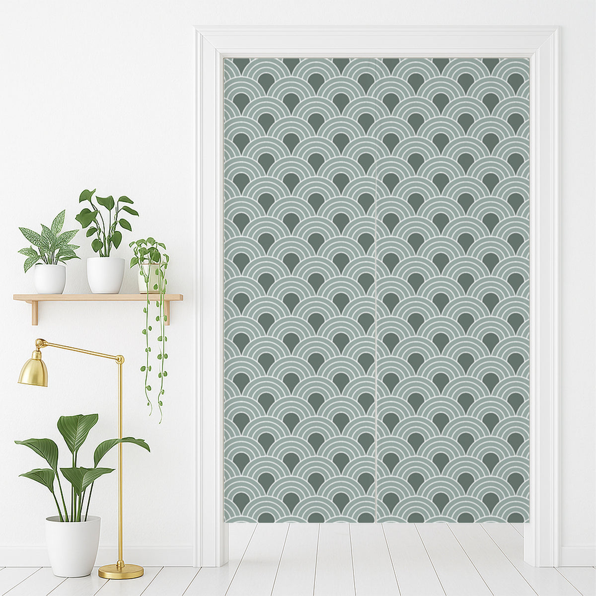 Feblilac Seigaiha Wave Green door curtain in front of a washroom door