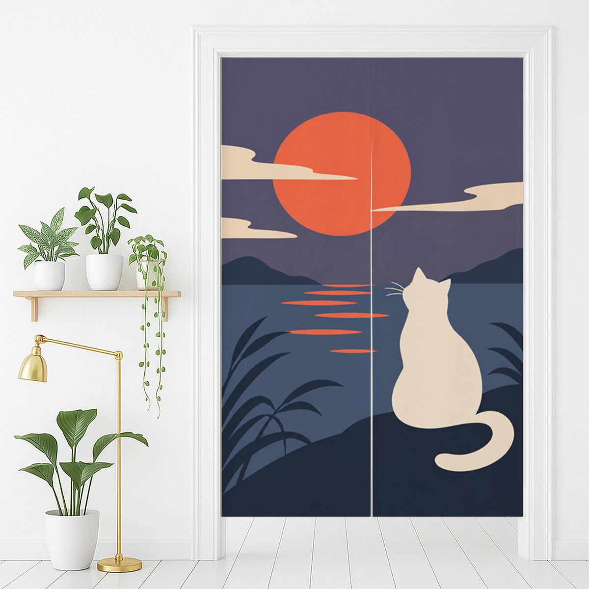 Feblilac Cat at Sunset door curtain in front of a washroom door