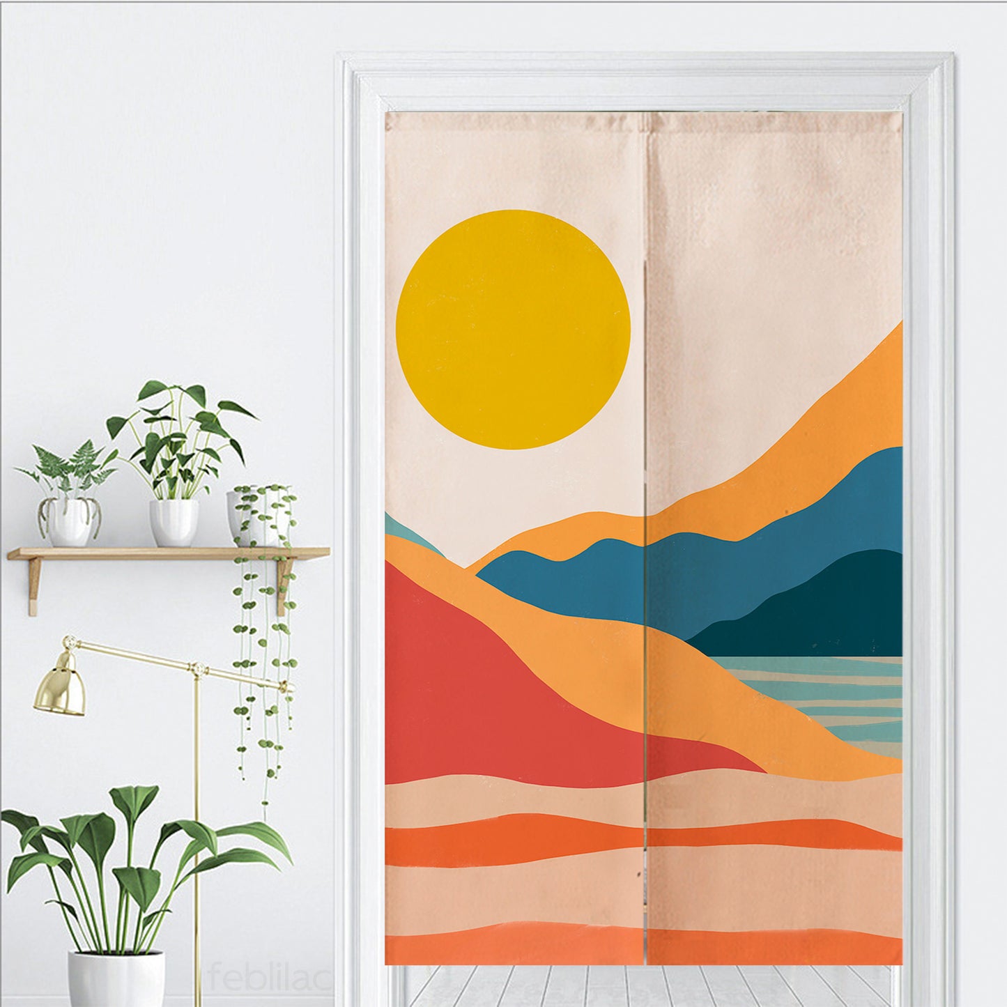 Feblilac Red Orange Blue Lake Sunset Door Curtain