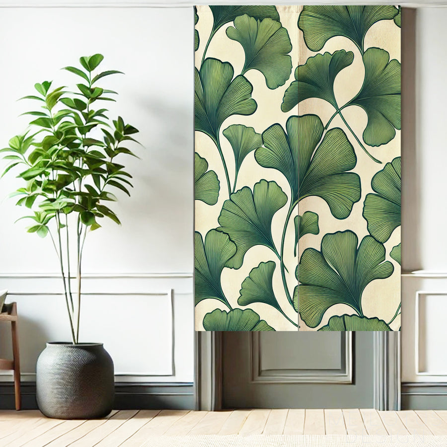Feblilac Ginkgo Leaf Pattern door curtain in front of a washroom door