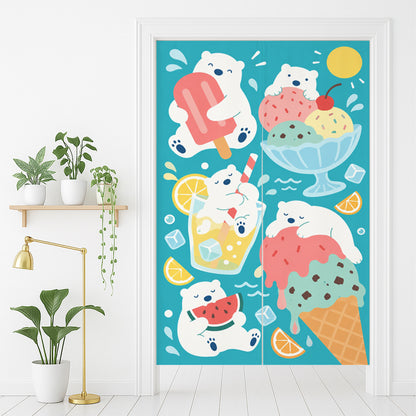 Feblilac Polar Bear Ice Cream door curtain in front of a washroom door