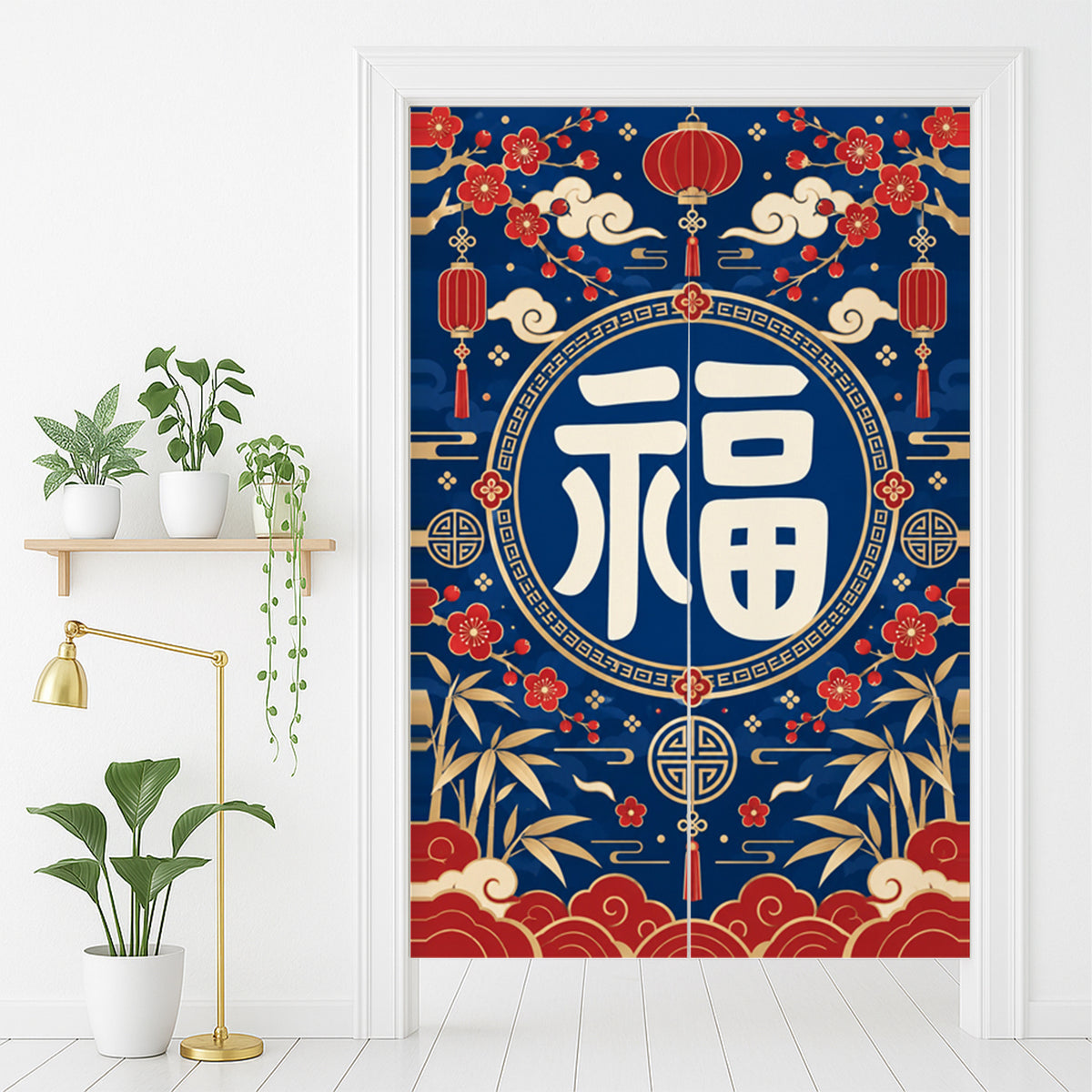 Feblilac Fu Fortune Blossom door curtain in front of a washroom door