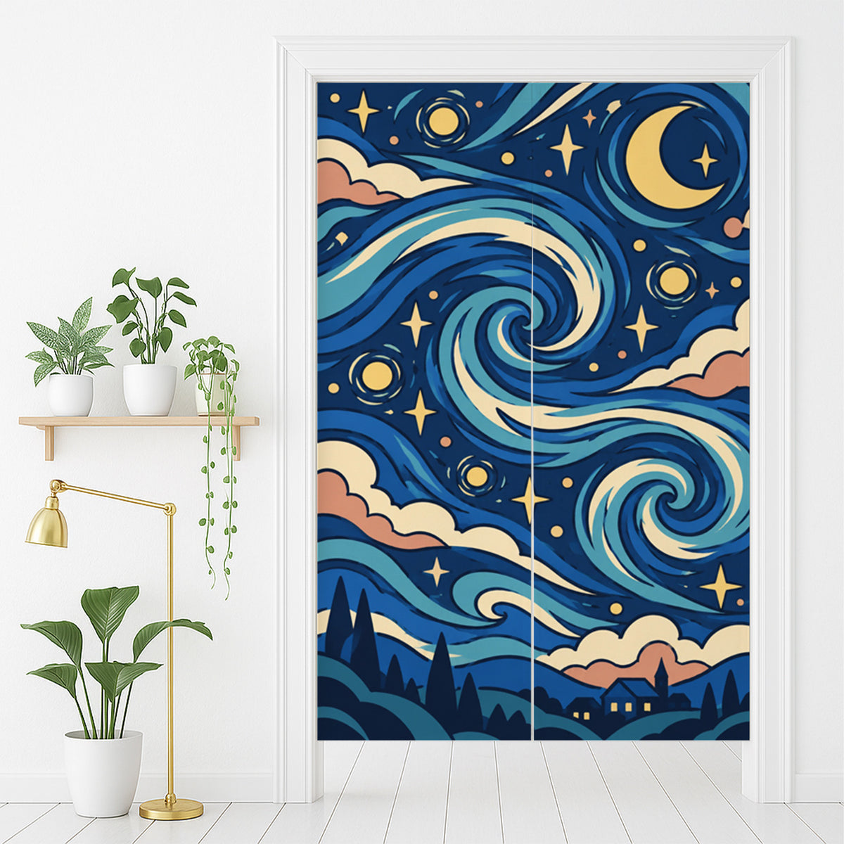 Feblilac Van Gogh Starry Night door curtain in front of a washroom door