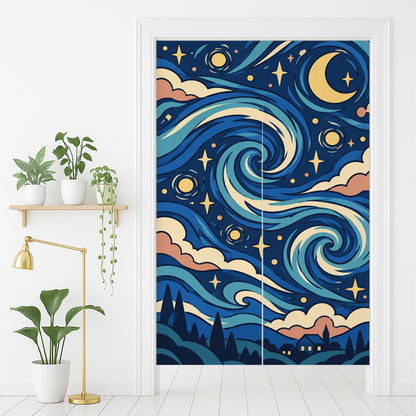 Feblilac Van Gogh Starry Night door curtain in front of a washroom door
