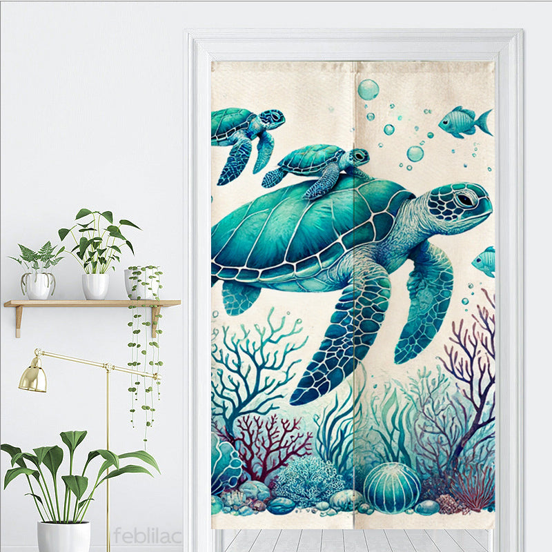 Feblilac Sea Turtle Mother and Child Watercolor Door Curtain