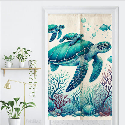 Feblilac Sea Turtle Mother and Child Watercolor Door Curtain