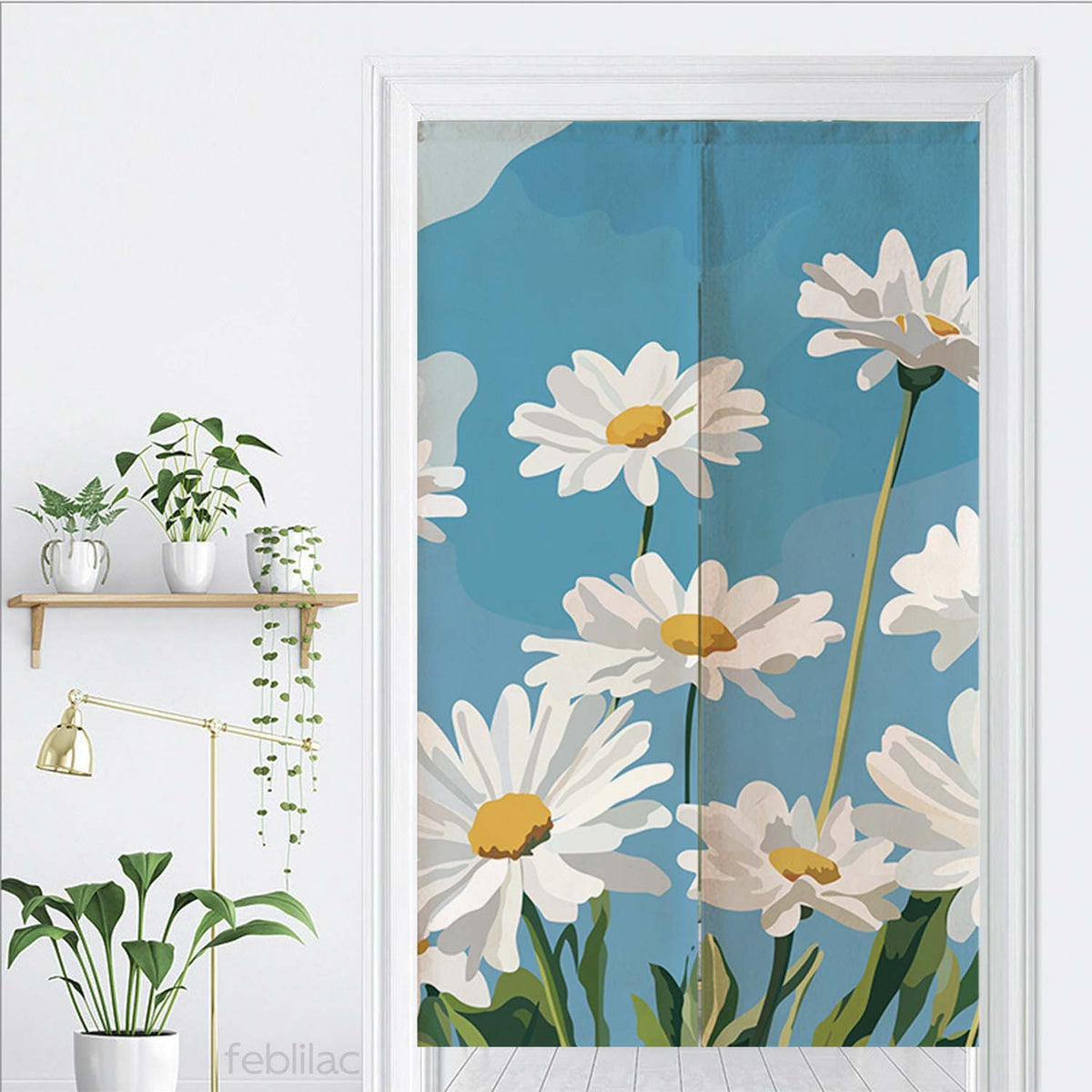 Feblilac Blue Sky Daisies door curtain in front of a washroom door