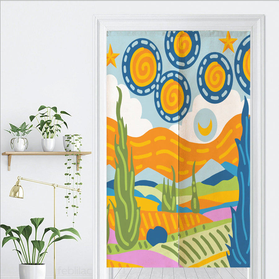 Feblilac Van Gogh Wheat Field Starry Sky Door Curtain - view 3