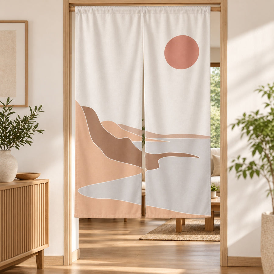 Feblilac Soft Red River door curtain in front of a washroom door