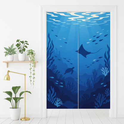 Feblilac Deep Sea Whale door curtain in front of a washroom door