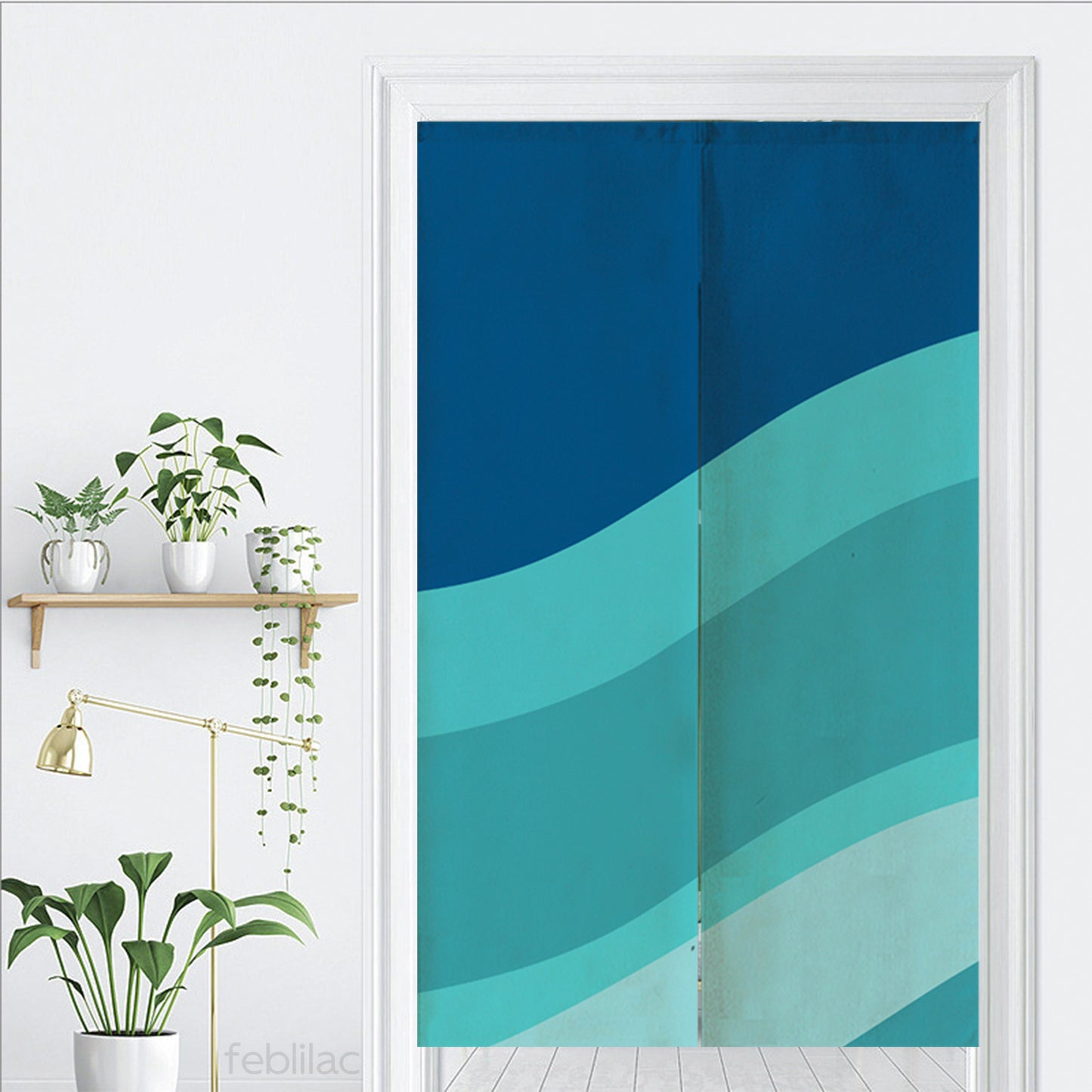 Feblilac Gradient Blue Flowing Waves Door Curtain