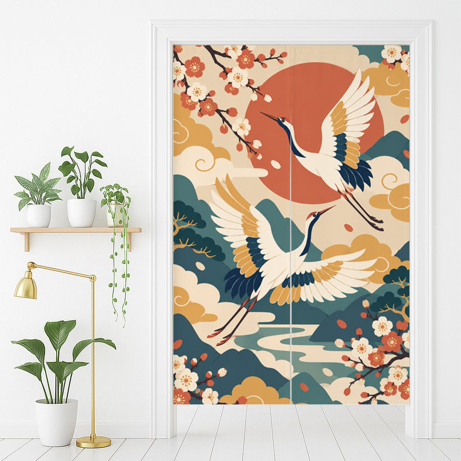 Feblilac Japanese Crane Blossom door curtain in front of a washroom door