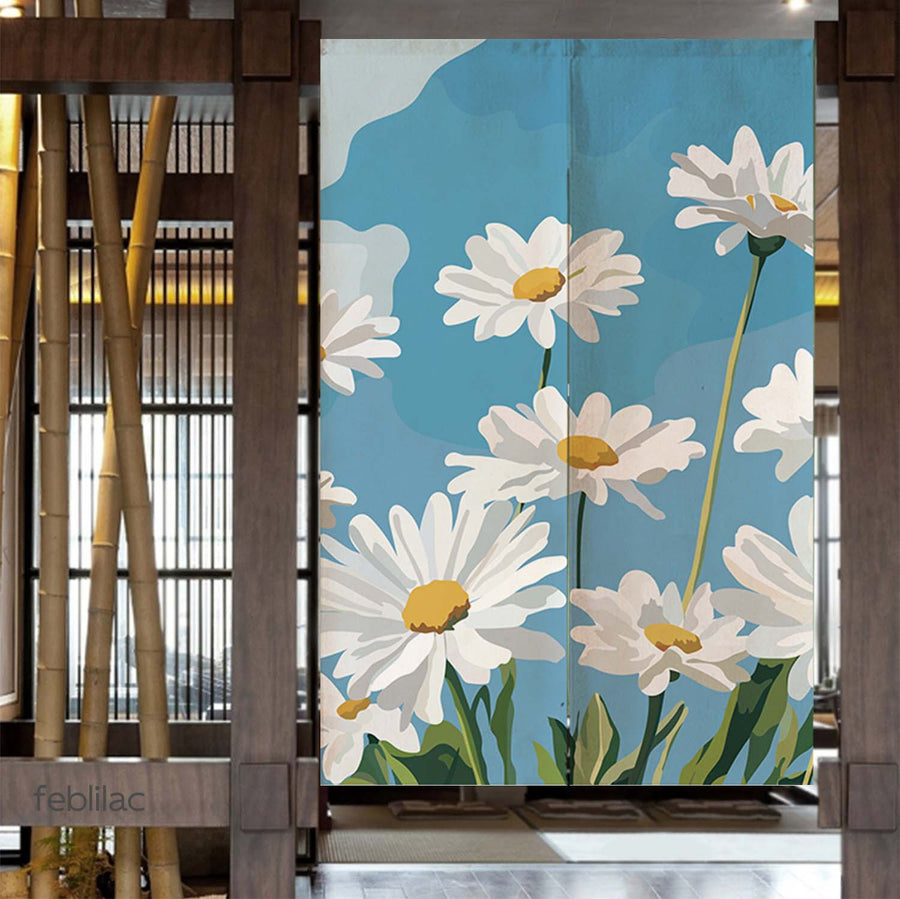 Feblilac Blue Sky Daisies door curtain in a bedroom by a wardrobe