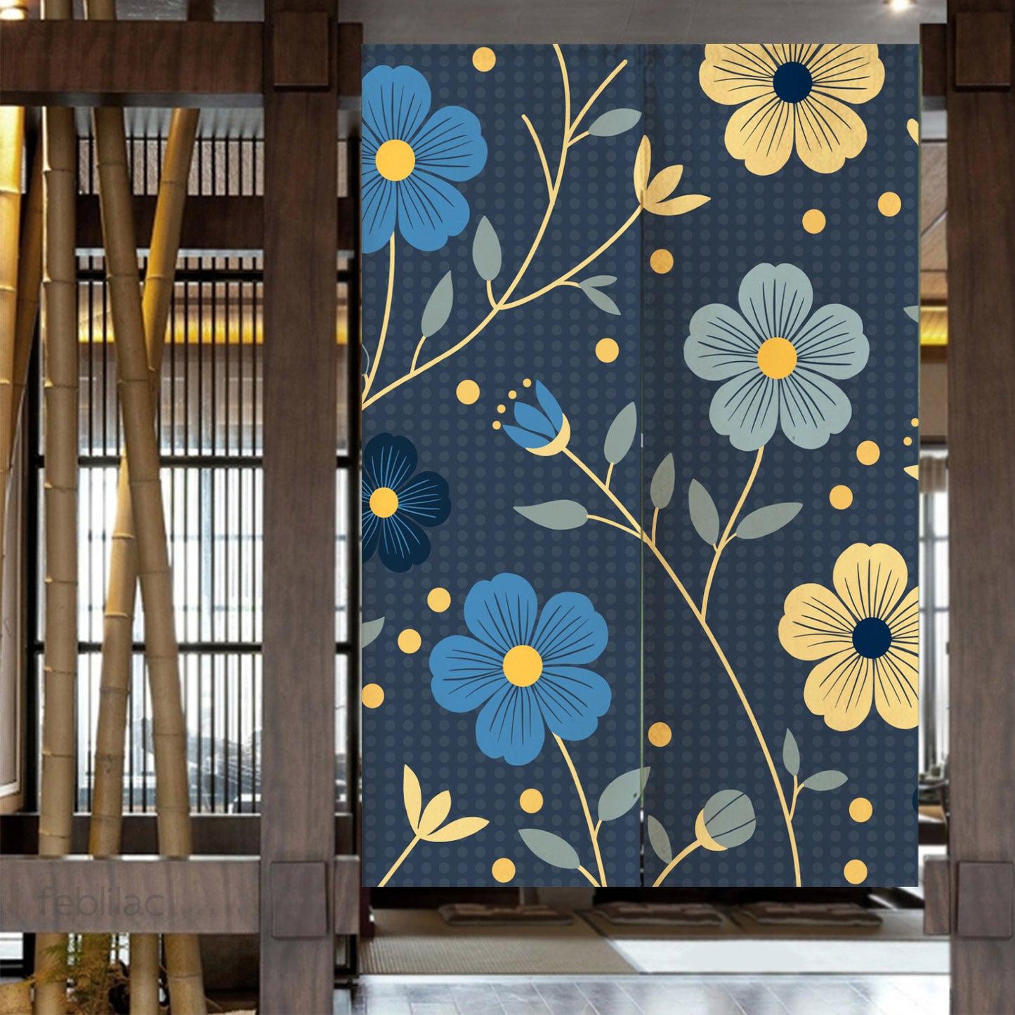 Feblilac Japanese Blue and Gold Flowers Door Curtain