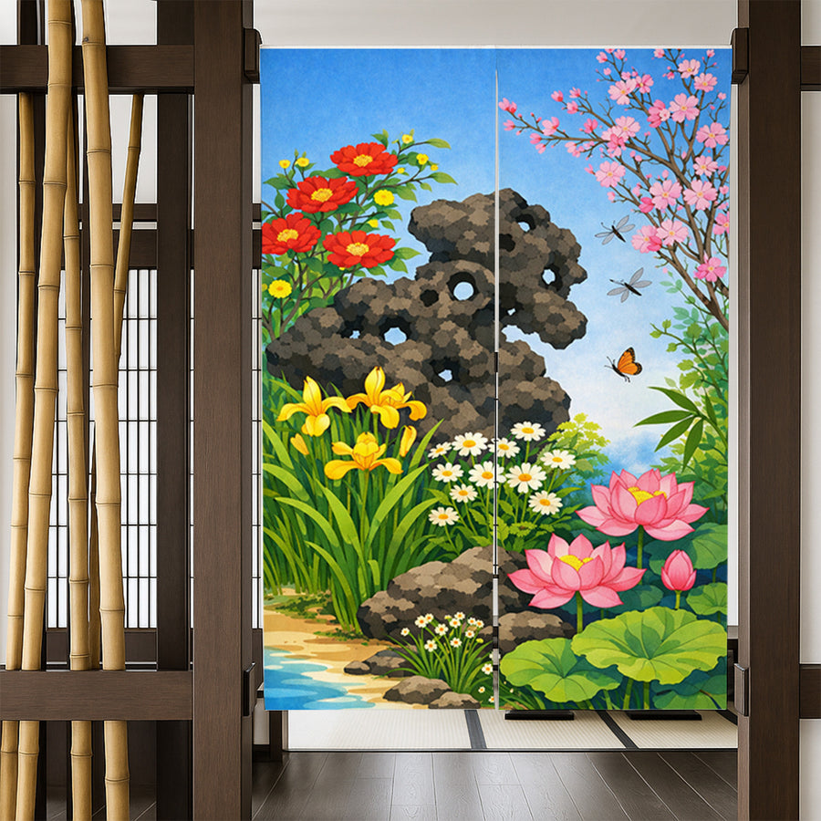 Feblilac Floral Garden Doorway Curtain, Japanese Style Noren Curtain - view 4