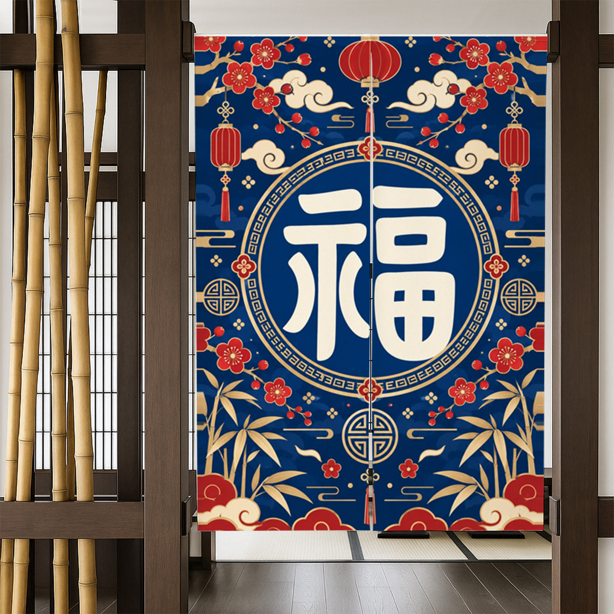 Feblilac Fu Fortune Blossom door curtain in a bedroom by a wardrobe